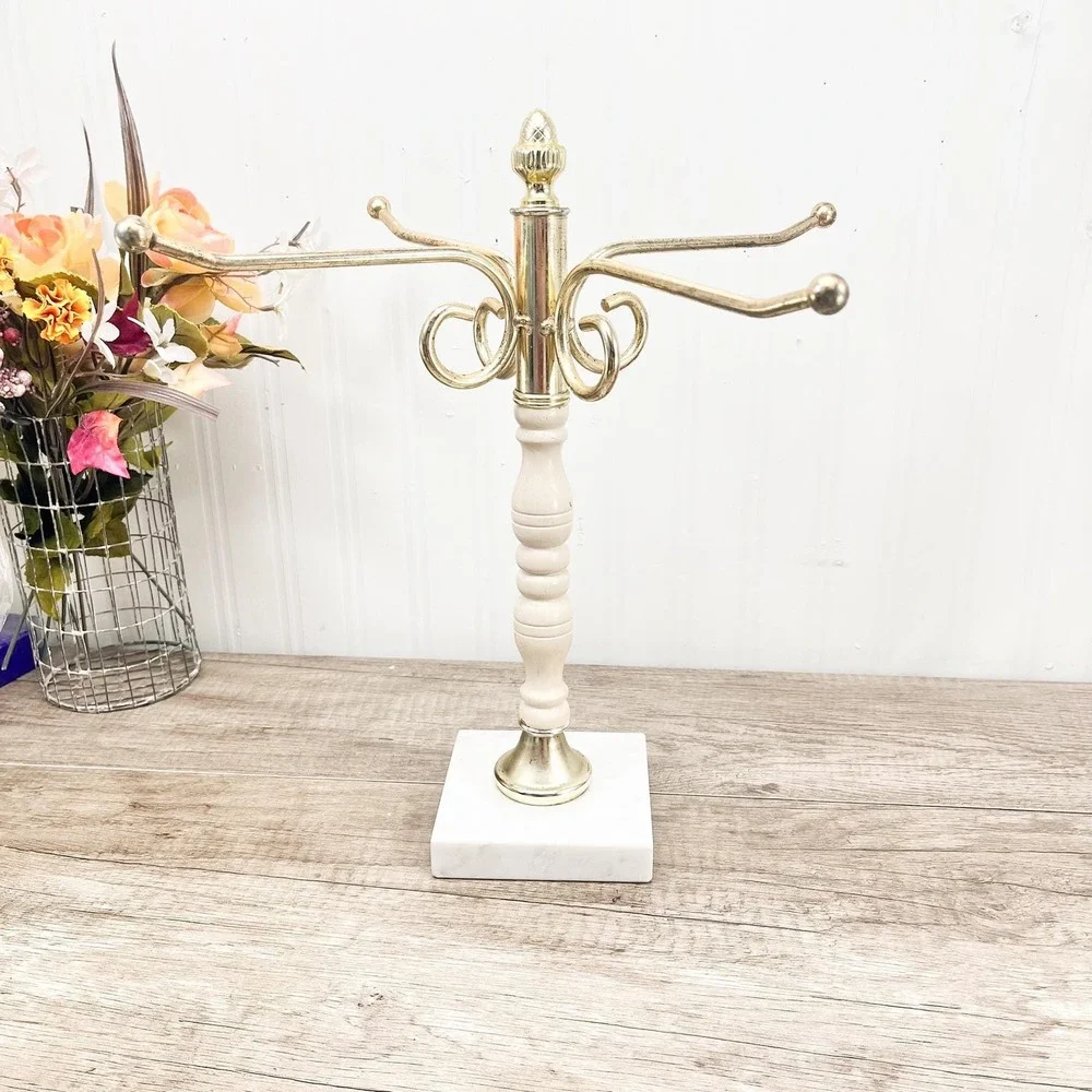 Vintage Brass Marble Jewelry Stand, 4-Arm Rotating Organizer Decor